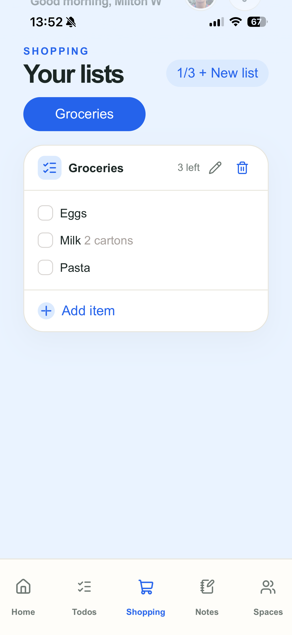 MWiv shopping list screen